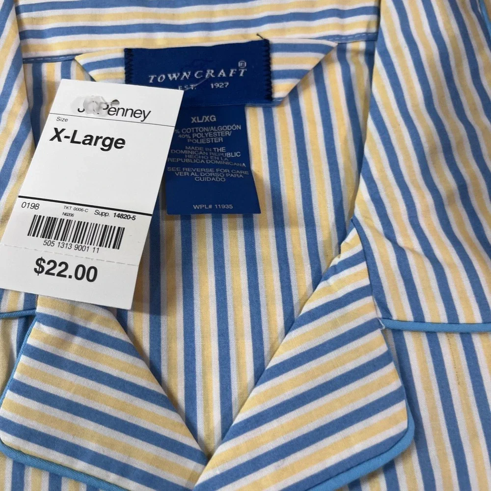 Towncraft Pajama Top Mens XL Blue Yellow Vtg Style Striped Long Sleeve NWT